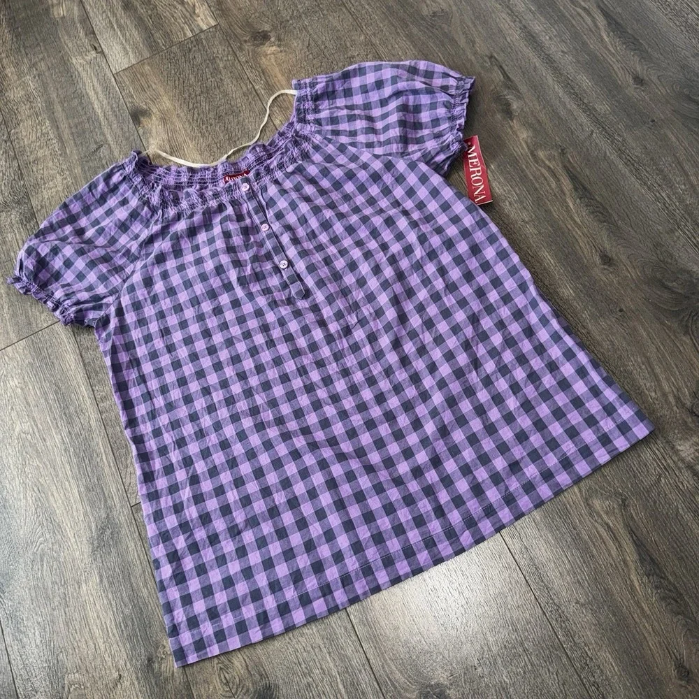 Merona Women's XL Purple Gingham Plaid Blouse Cap Sleeve Boho Cowgirl Cottage - Picture 9 of 12